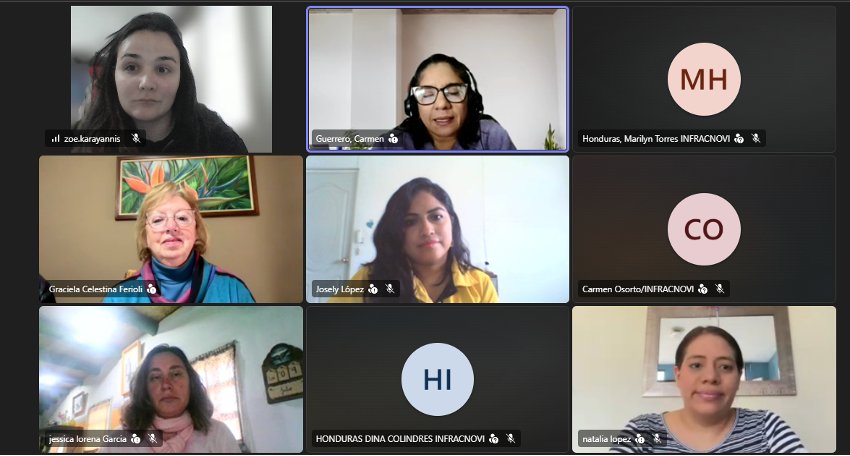 A grid screenshot of a video call showing nine participants, some with their camera on and others represented by initials in circles. The visible individuals are seated indoors, participating in an online meeting.