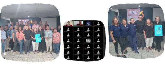 A three-panel image collage featuring photos from an event. The left panel shows a large group pose indoors holding a sign, the center panel displays a gallery of video call participants, and the right panel shows six people standing together smiling.