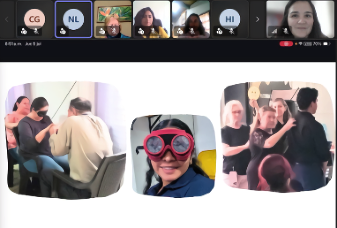 A screenshot of a presentation screen during a video call featuring three images of tactile and sensory activities. The photos depict people participating in hands-on therapy, wearing specialized vision-simulation goggles, and guiding one another in a group setting.