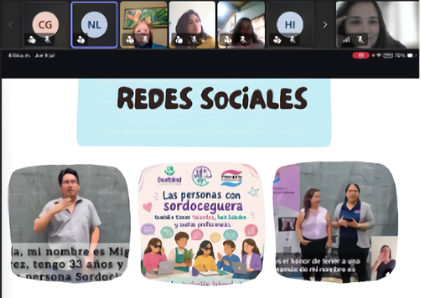 A video meeting slide titled "REDES SOCIALES" showcasing three images related to deafblindness awareness. The photos display a man signing, a promotional poster with illustrations supporting deafblind inclusion, and two women presenting together with sign language interpretation.