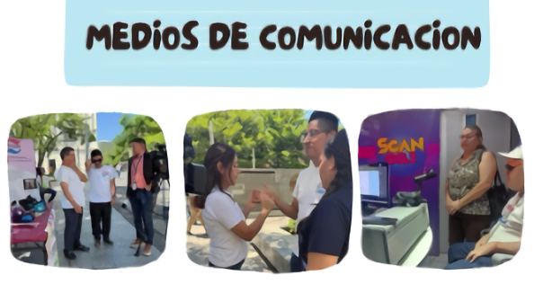 A slide titled "MEDIOS DE COMUNICACION" displaying three pictures of media engagements. The images depict individuals being interviewed outdoors by news crews, using tactile sign language, and speaking inside a radio broadcasting studio.