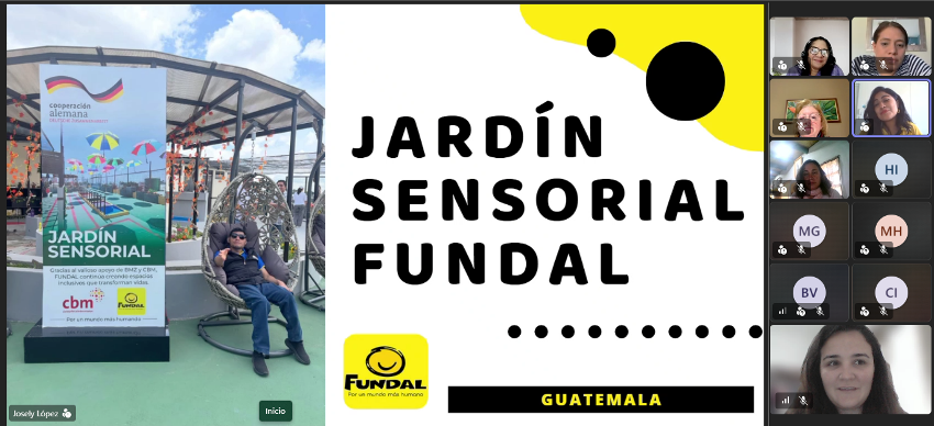 A presentation slide titled "JARDÍN SENSORIALL FUNDAL GUATEMALA" shown during a video call. On the left side, a photo depicts a person relaxing in a hanging egg chair next to a sign for the sensory garden.
