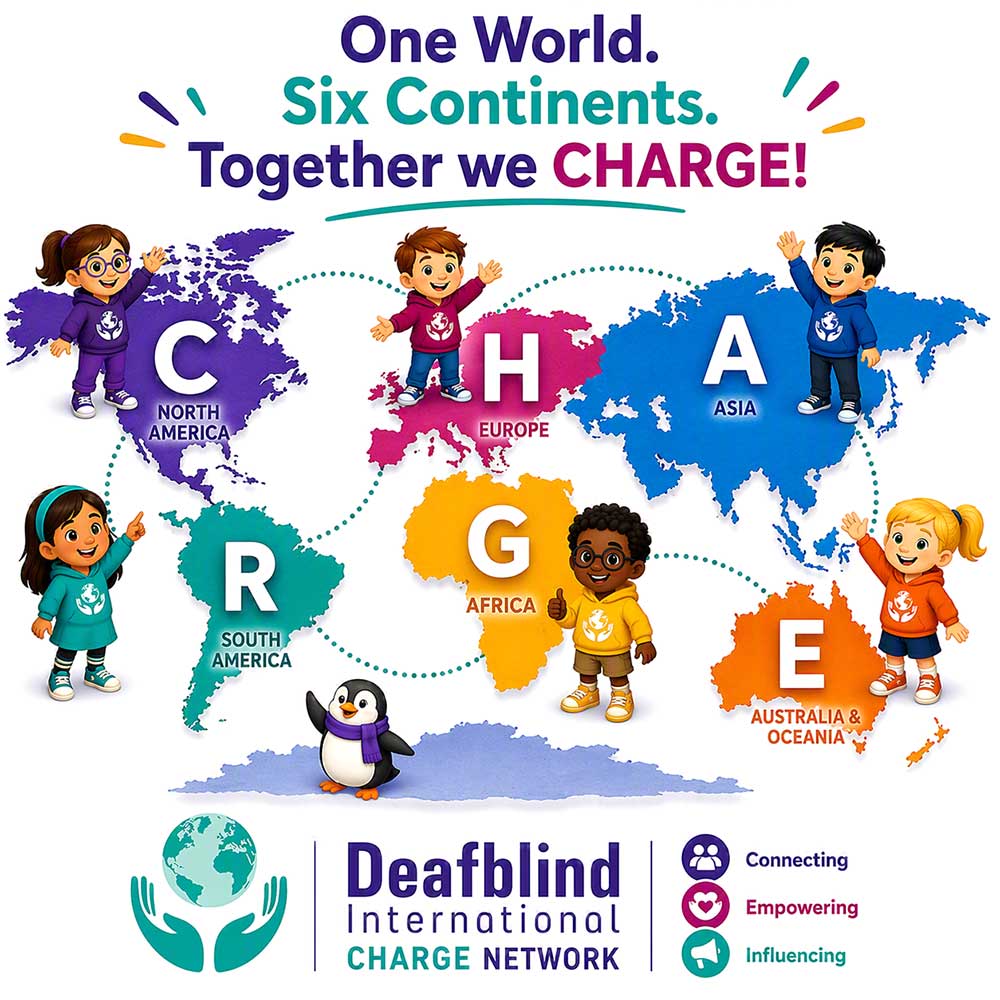 Illustrated promotional graphic for the Deafblind International (DbI) CHARGE Network. At the top, the headline reads: “One World. Six Continents. Together we CHARGE!” A colorful world map highlights six inhabited continents, each represented by a large letter spelling CHARGE: C for North America (purple), H for Europe (pink), A for Asia (blue), R for South America (teal), G for Africa (yellow), and E for Australia & Oceania (orange). Cartoon children wearing hoodies with the DbI logo stand on or beside each continent, waving and smiling. Dotted lines connect the continents, symbolizing global collaboration. A small penguin wearing a purple scarf stands on Antarctica at the bottom. The footer displays the Deafblind International CHARGE Network logo and the words: “Connecting,” “Empowering,” and “Influencing,” each paired with a corresponding icon.